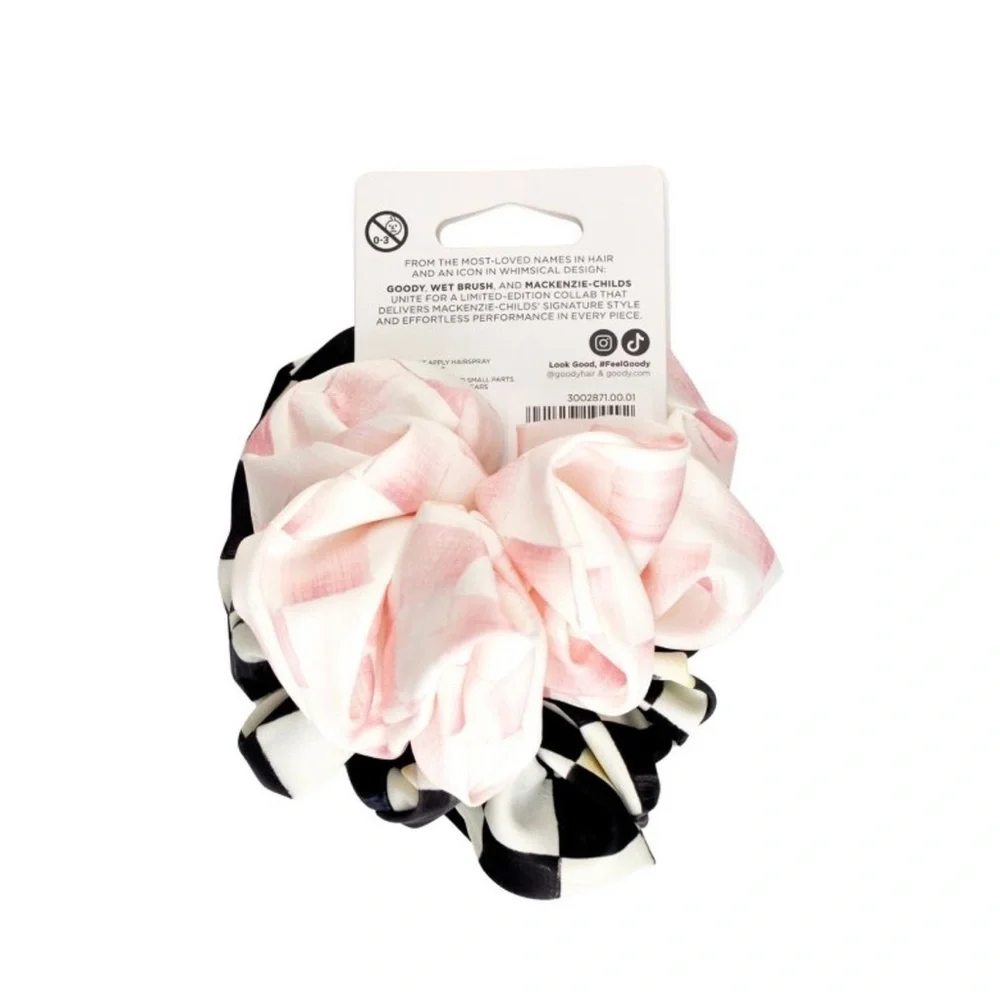 New MacKenzie-Childs x Goody Black White Check Pink Satin Scrunchie Set - 2ct